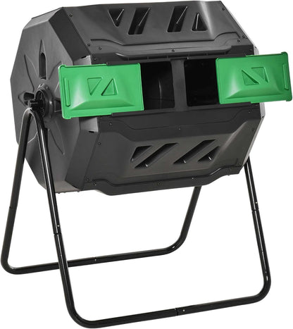 Compost Bin Outdoor, 43 Gallon Dual Chamber Tumbling Composting with Sliding Doors, Large Compost