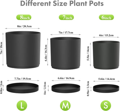 8/7/6 inch Plant Pots, 3 Set Cylinder Flower Pots for Outdoor Indoor Plants, Decorative Plastic