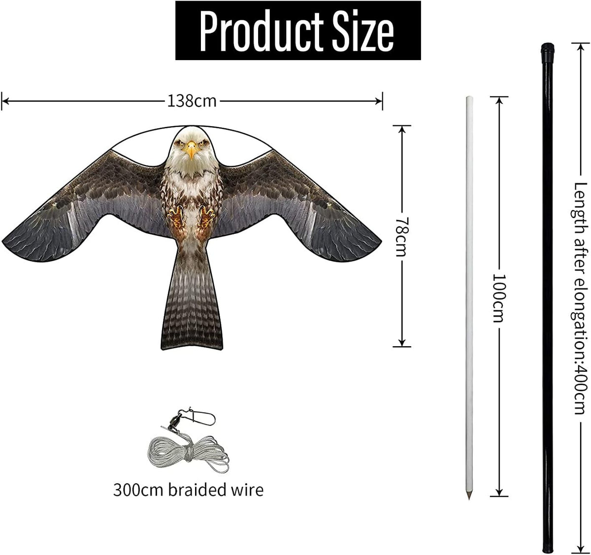 Bird Hawk Flying Kite with Pole Crops Farm Protector Bird Scarer Flying Kite with 4m Pole-Style B