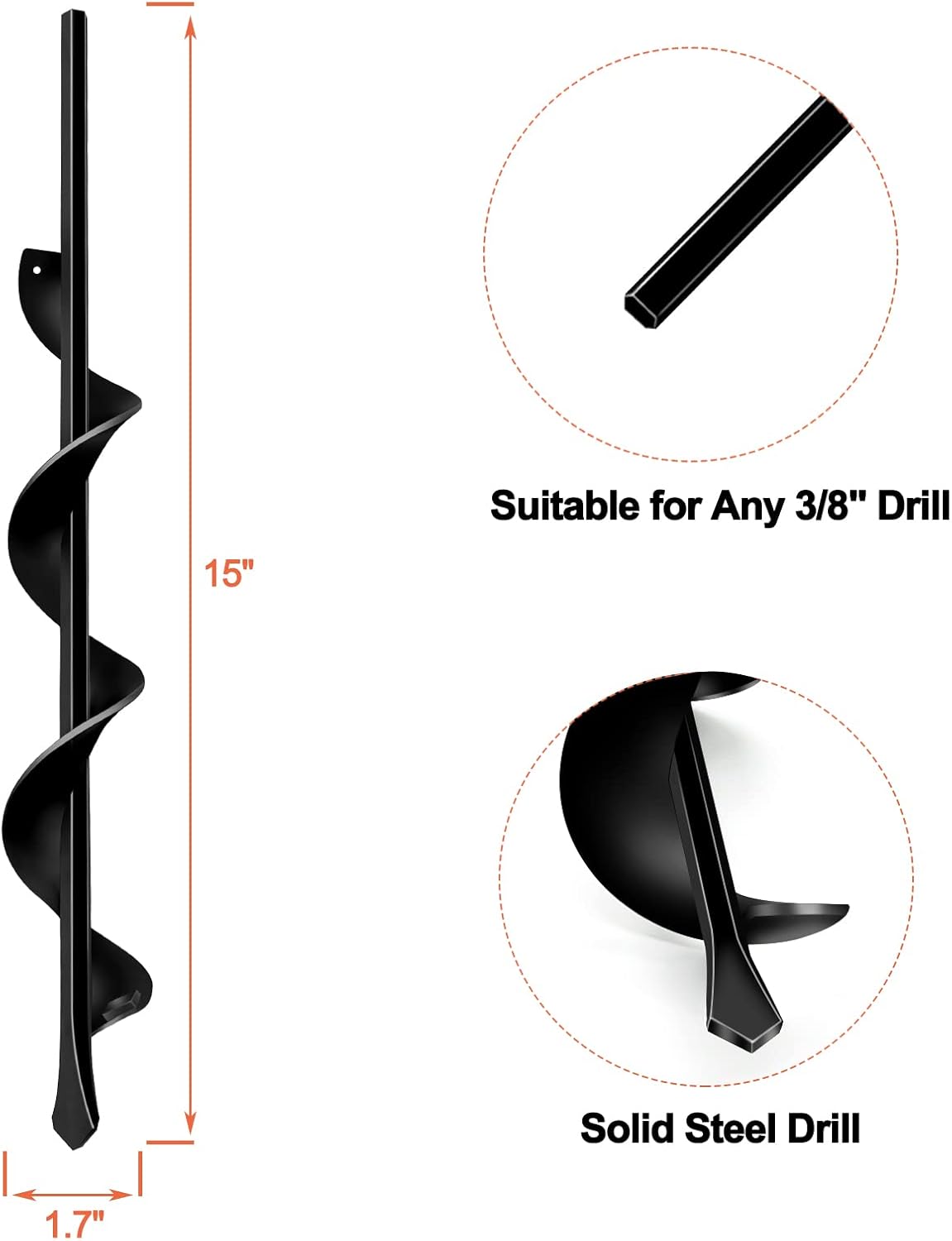 LONGRUN Auger Drill Bit for Planting-1.7"x15" Planting Auger, Garden Spiral Hole Drill Bulb Planter