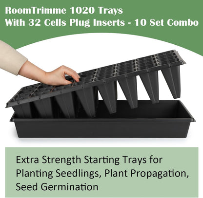 10 Pack 1020 Seedling Starter Trays with 10 Pack 32 Cell Plug Inserts Extra Deep 4.33" - Heavy Duty