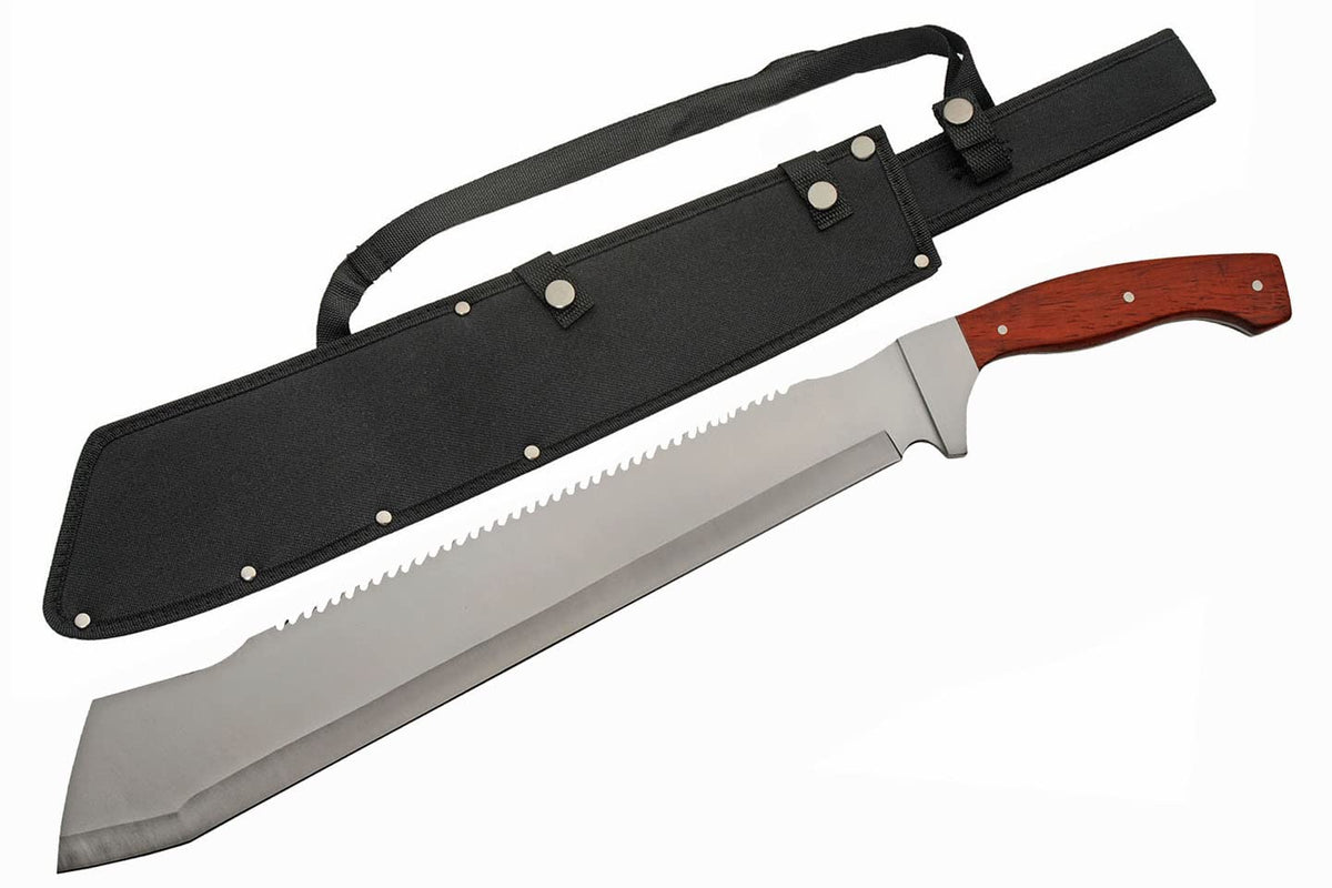 SZCO Supplies 25” Brown Wood Handle Heavy Duty Saw Back Forest Cleaver Machete With Sheath