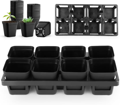 8 Cell Nursery Pots Trays 6 Pack (12" x 6"), 3 inch Square Plastic Nursery Pots 48 Pcs, Durable