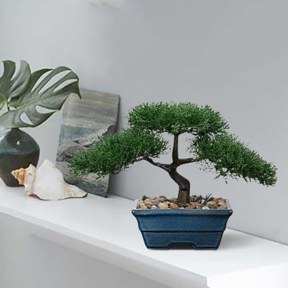 Artificial Bonsai Tree Juniper Faux Plants Indoor Fake Plants Decor with Blue Ceramic Pots for Home