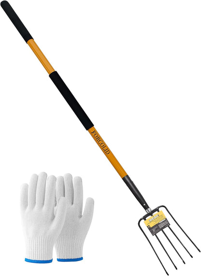 Pitch Fork-58 Inch，5-Tine Steel Garden Fork Heavy Duty, Mulch with Cushion Grip, Orange Fiberglass