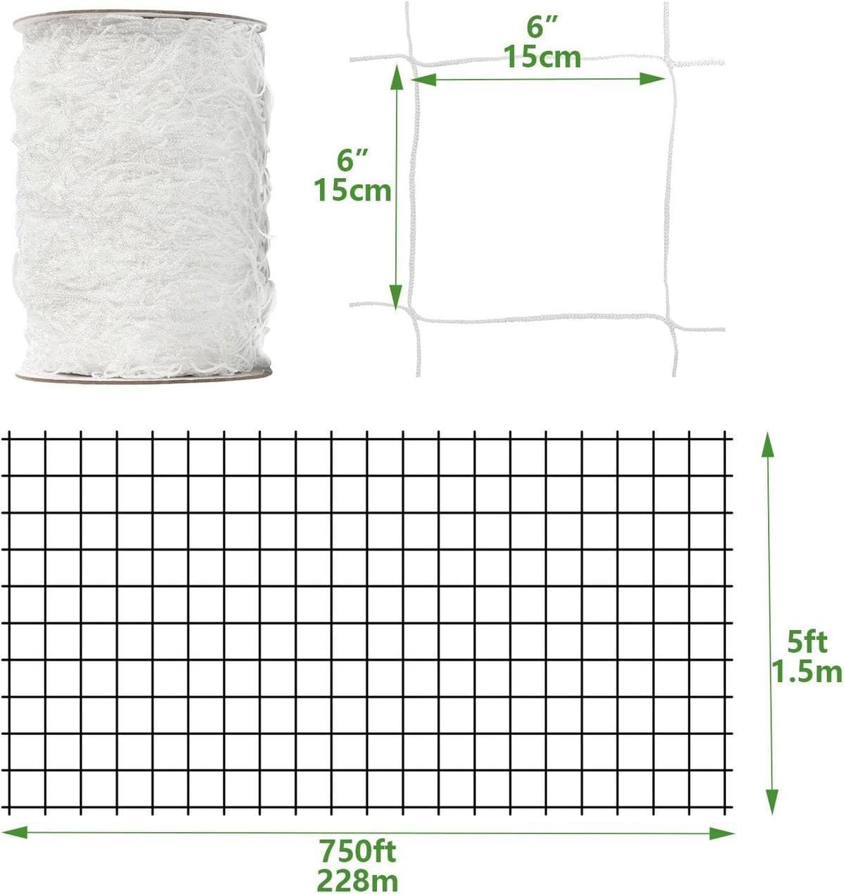 Nylon Trellis Netting Roll 5 x 750 ft, 6 Inch Soft Mesh, Heavy Duty Reinforced Garden Plant Support