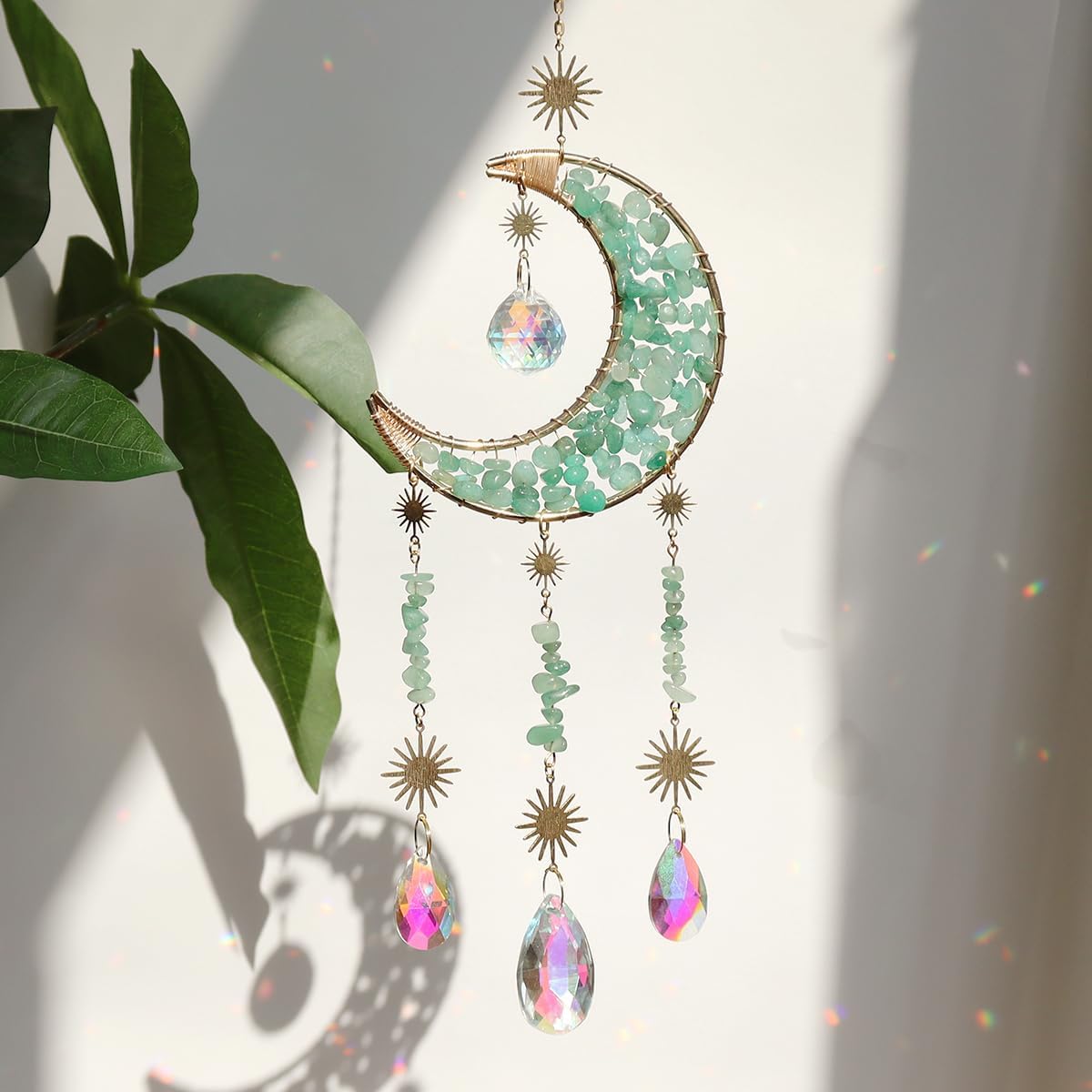 Moon Suncatcher Hanging Decor, Boho Chic Green Aventurine Crystal Sun Catcher, Spritual Sun Light