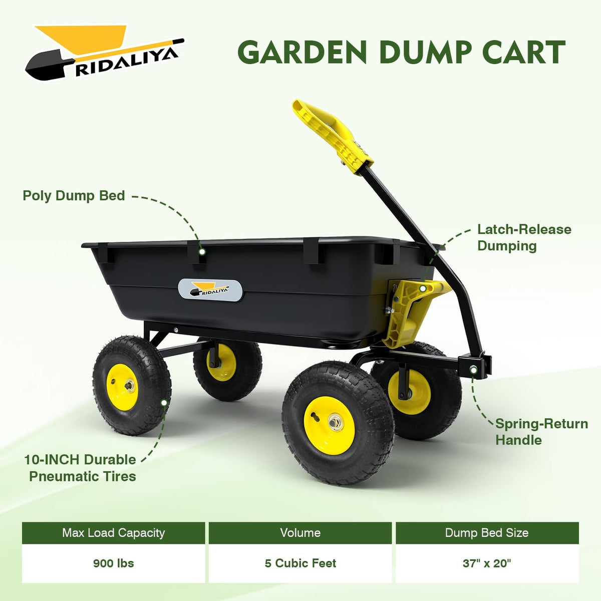 Garden Dump Cart, Heavy-Duty Utility Wagon with 900 lb Capacity, 5 Cu Ft Bed, 10" Pneumatic Tires