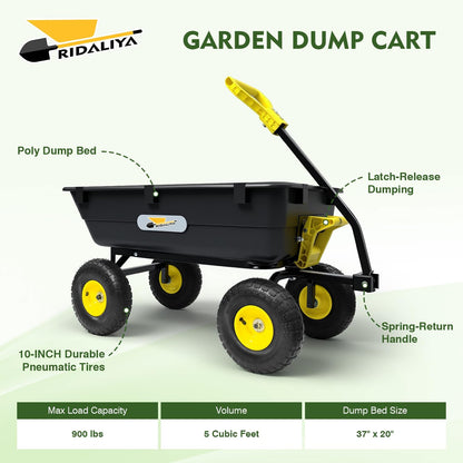 Garden Dump Cart, Heavy-Duty Utility Wagon with 900 lb Capacity, 5 Cu Ft Bed, 10" Pneumatic Tires