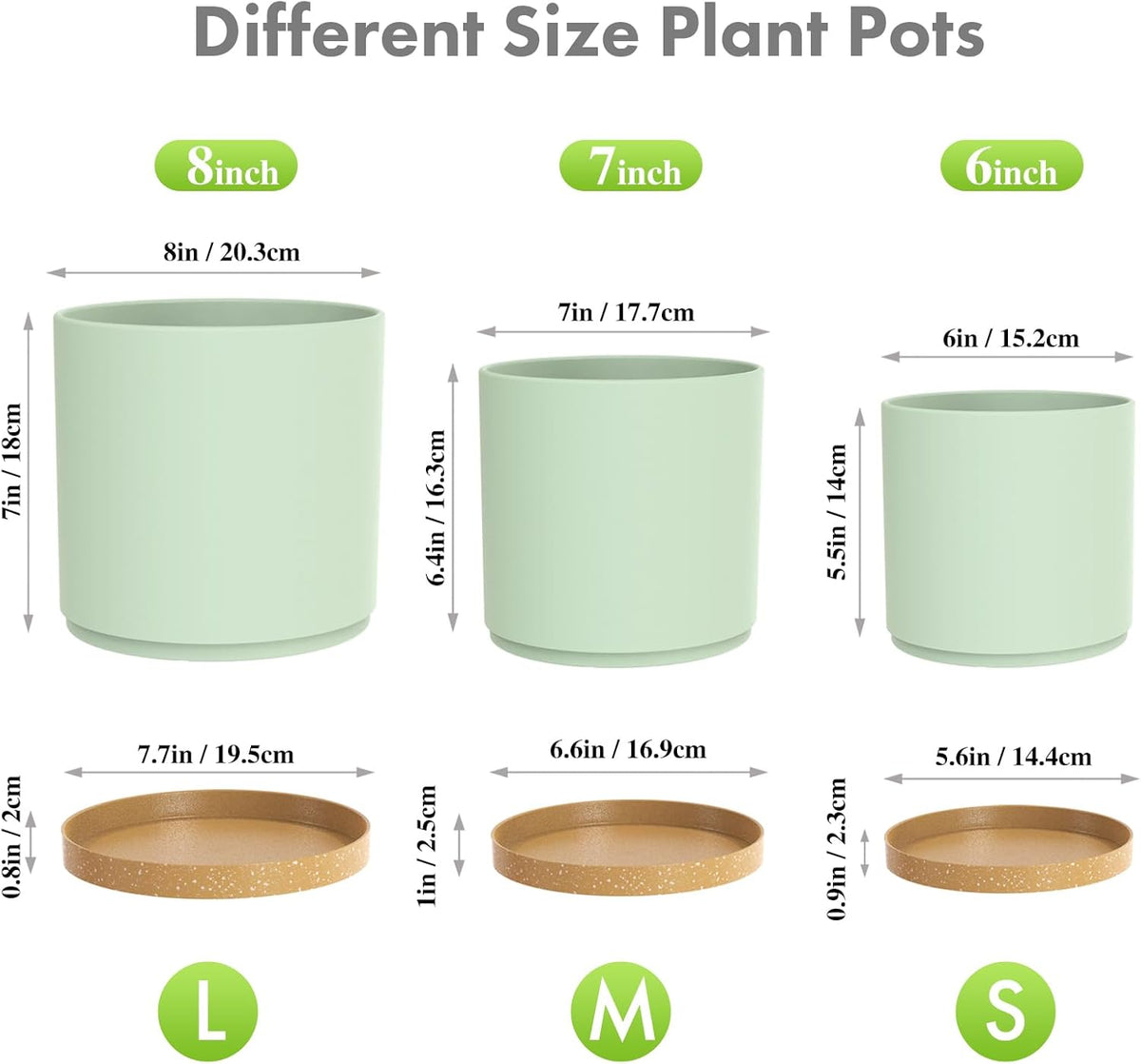 8/7/6 inch Plant Pots, 3 Pack Cylinder Flower Pots for Outdoor Indoor Plants, Decorative Plastic