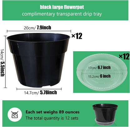 12 Pack Plant Pots, 8 Inch Plant Planter with Clear Saucer, Plastic Pots for Plants Indoor and Out