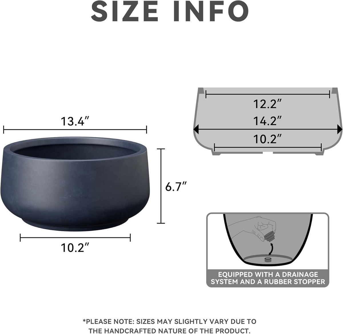 Kante 13.4" Dia Round Curvy Concrete Planter, Large Plant Pots with Drainage Hole and Rubber Plug