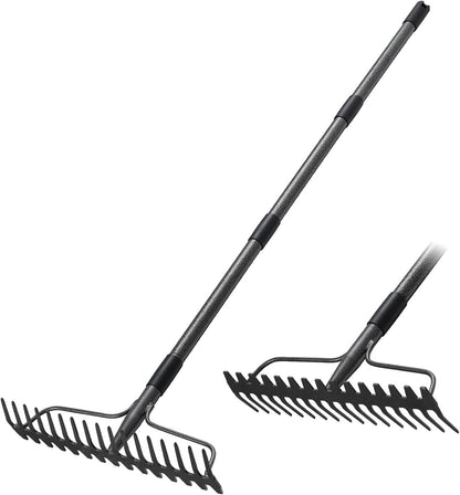 Garden Rake, 63 Inch Long Handle with 17 Tongs, Heavy Duty Metal Bow Rake for Loosening Leveling