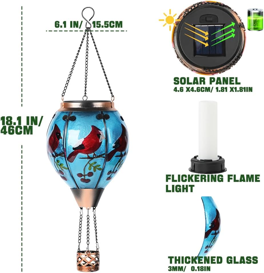 Hot Air Balloon Solar Lantern - Cardinal Bird Glass Lantern, Simulated Flickering & Dancing Flame