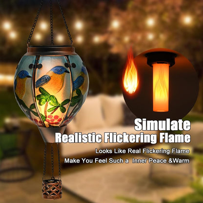 Hot Air Balloon Solar Lantern - Bluebird Glass Lantern, Simulated Flickering & Dancing Flame