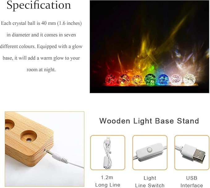 7 Colors 40mm Ice Cracked Balls Crystal Chakra Balls with LED Wooden Base Glass Healing Sphere