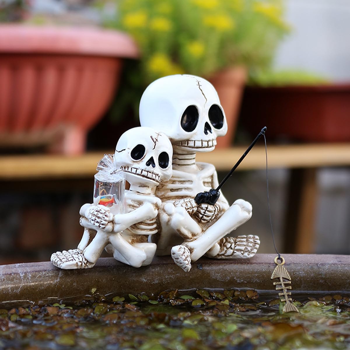 Fishing Skeleton Couple Statue Halloween Decorations, 3.54 Inch Funny Sitting Skull Figurine Shelf