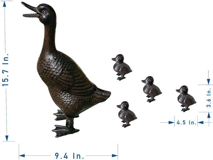 Vintage Cast Iron Duck Family Garden Statue, Rust Brown Mother Duck（15.7" Tall） with 4
