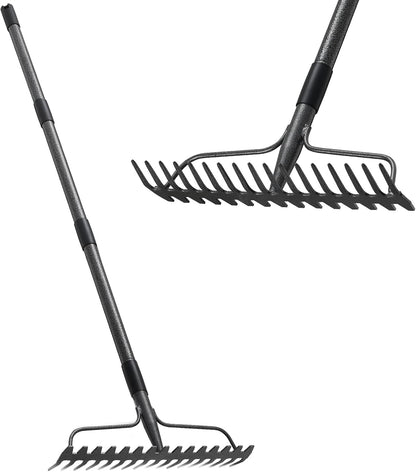 Bow Rakes for Lawns, 17 Prongs 17" Wide Heavy Duty Metal Garden Rake Long Handle 50", Adjustable
