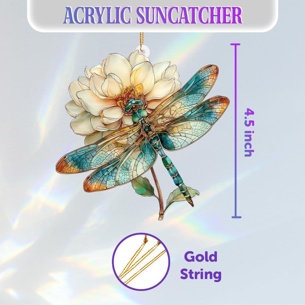 Dragonfly Ornament Stained Glass Style – Acrylic Window Hanging Suncatcher with Flower, Dragonfly