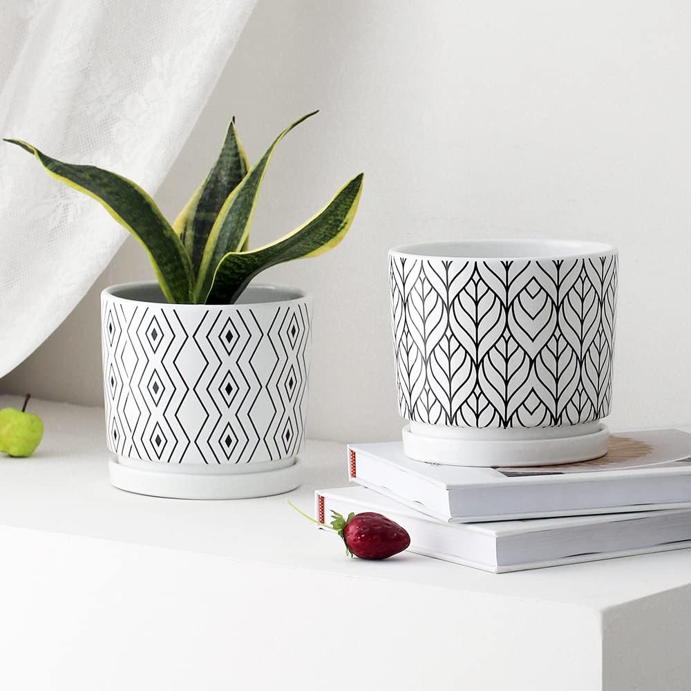 Ton Sin Plant Pots,5.5 Inch White Pots for Indoor Plants with Drainage Holes,Cylinder Flower Pot