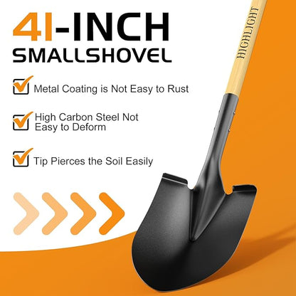 HIGHLIGHT Spade, Heavy Duty Gardening Shovel, Garden Shovel 41 inch for Digging, Round Shovel with