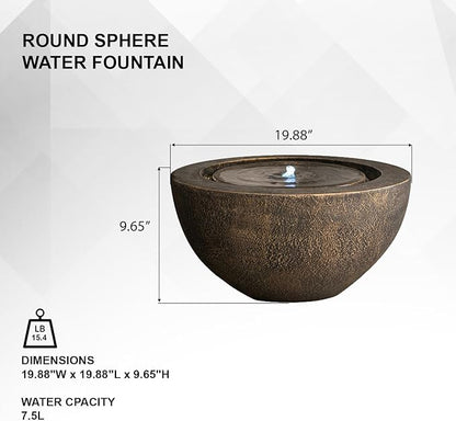Xbrand 19.8" W Round Polyresin Indoor/Outdoor Sphere Water Fountain with LED Light, Garden/Patio