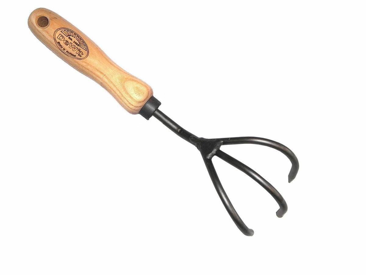 Dewit Cultivator Hand Tiller - 3-Tine, Short Handle, Works as Hoe - 11.5 in - Steel/Wood