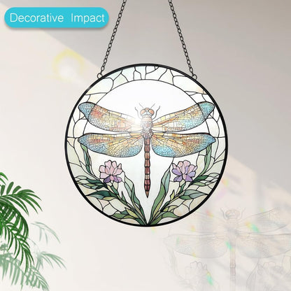 Dragonfly with Flower Suncatcher Stained Glass Window Hanging - 8” Stained Glass Suncatchers for
