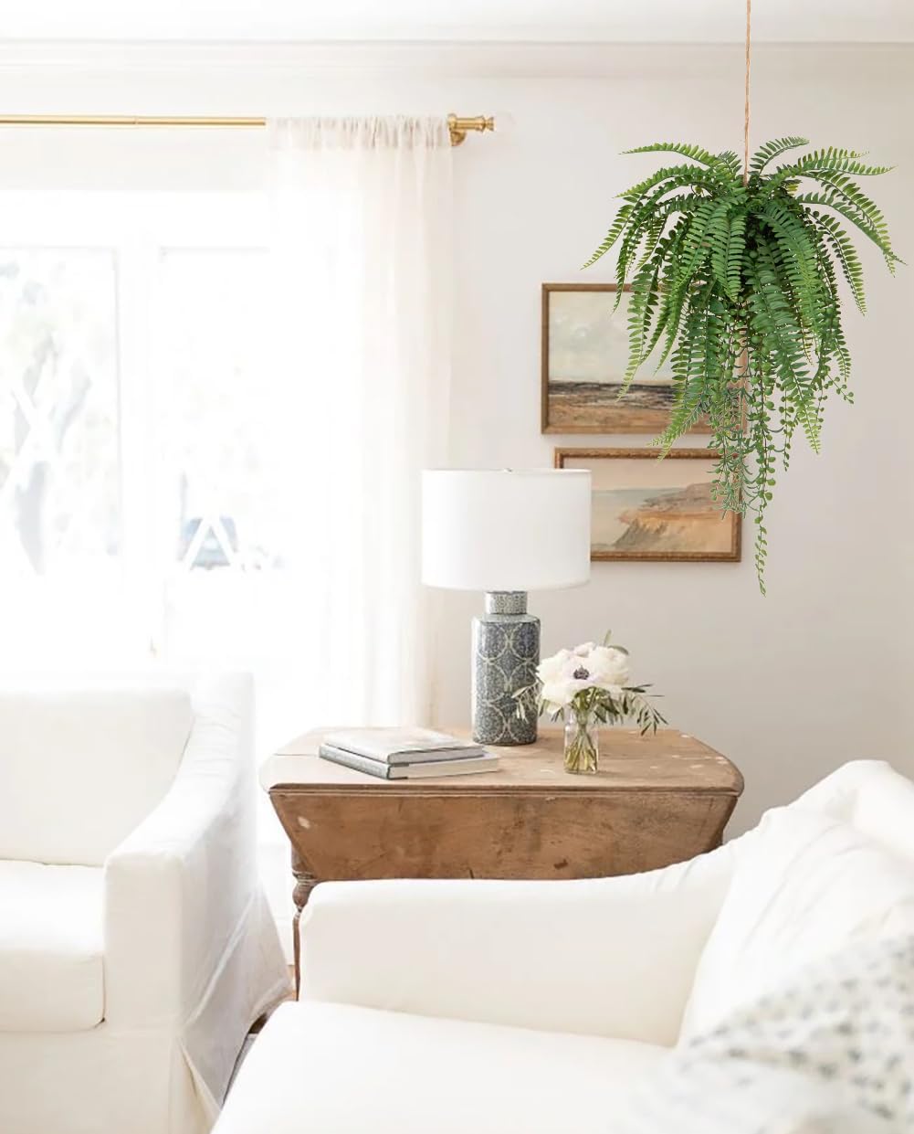 Large Mixed Fern Faux Hanging Plants, Realistic Artificial Plants with Hemp Rope Moss, Indoor for