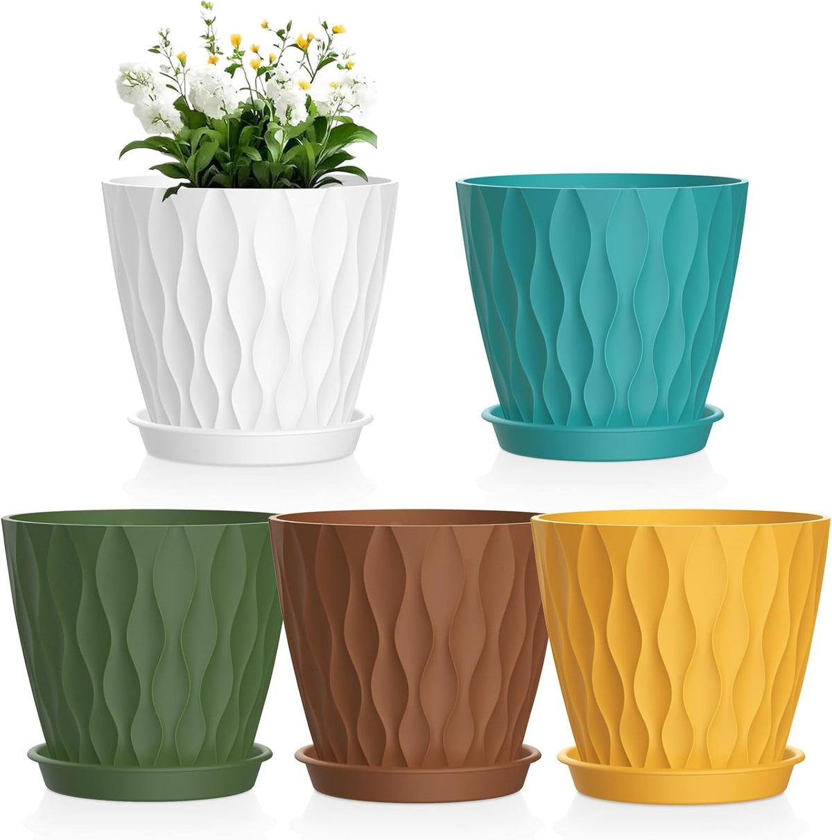 6 inch Plant Pots, 5Pack Water Ripple Flower Pots for Indoor Outdoor Plants, Plastic Planters with
