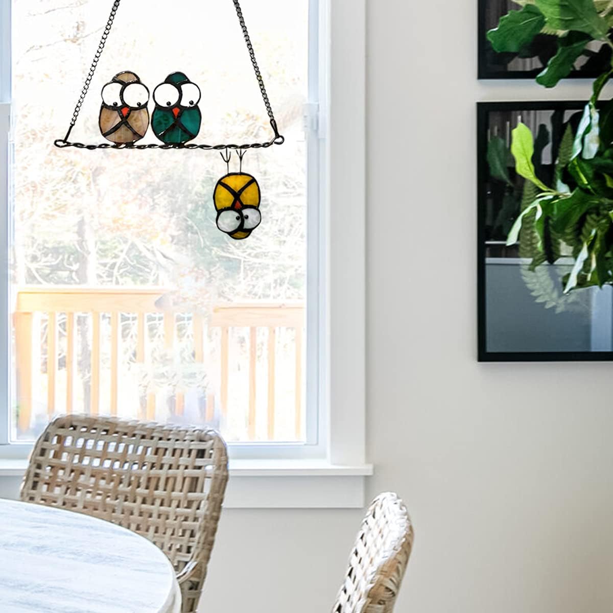 Multicolor Owls on a Wire High Stained Glass Suncatcher Panel, Bird Suncatcher for Windows Doors
