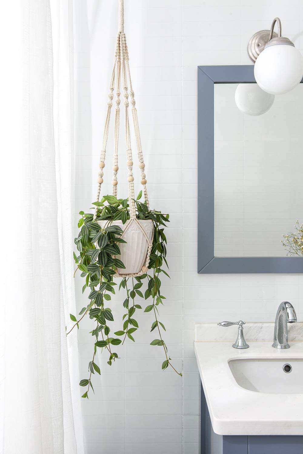 Mkono Macrame Plant Hanger Indoor 35 Inch Hanging Planter Basket Ivory 2Pcs