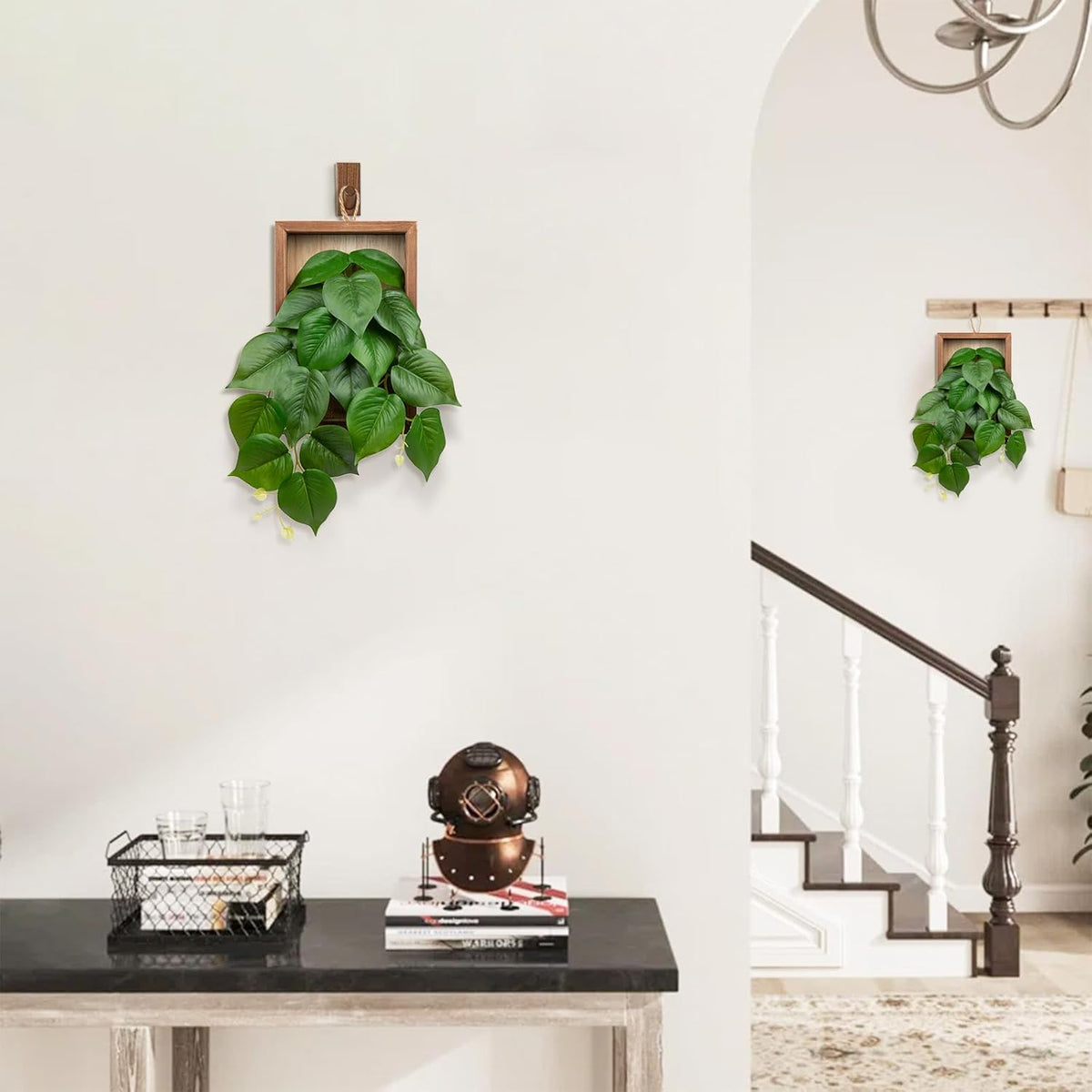 DILATATA Artificial Hanging Plants with Wooden Frame 2 Pack Faux Pothos Leaves Hanging Vine
