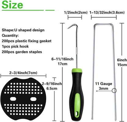 Bakulyor 200Pcs Landscape Staples + 200Pcs Gasket, 6 Inch Garden Stakes Staples 11 Gauge U Shaped