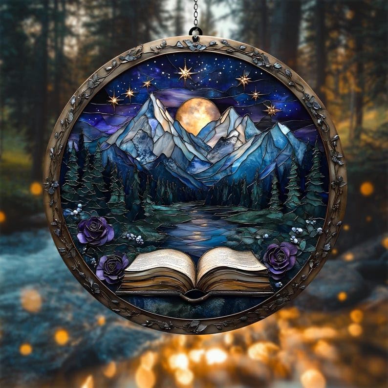 Mountain Books Bookish Acrylic Suncatcher Stained Glass Effect Window Car Hanging Christmas
