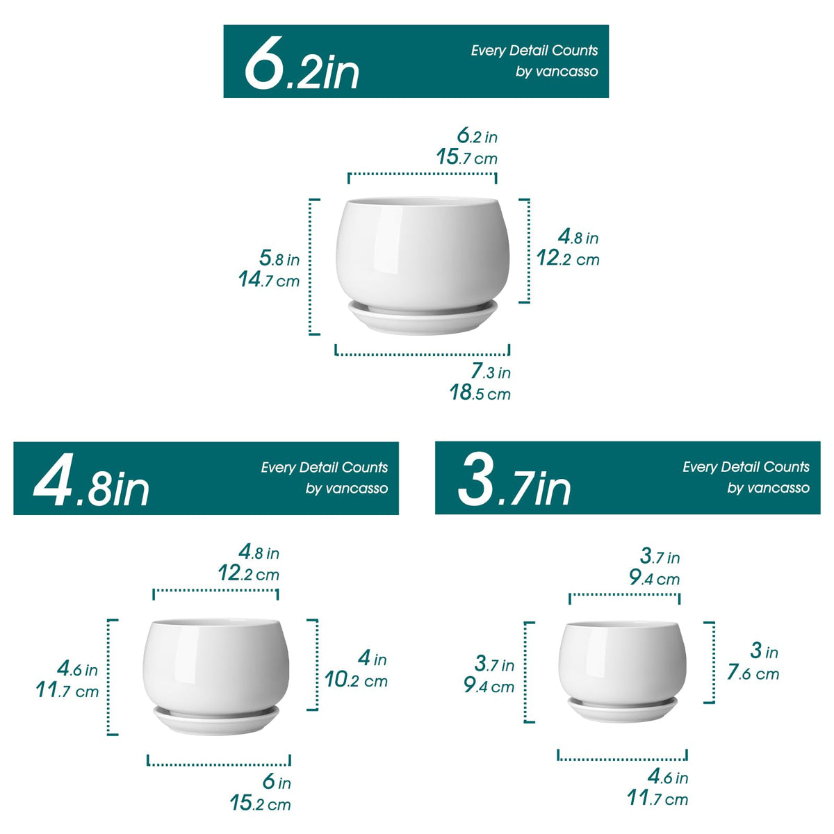 vancasso 3-Pack Ceramic Plant Pots, 3.7/4.8/6.2 Inch Indoor Planters with Saucers & Drainage Hole