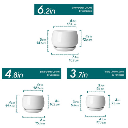 vancasso 3-Pack Ceramic Plant Pots, 3.7/4.8/6.2 Inch Indoor Planters with Saucers & Drainage Hole