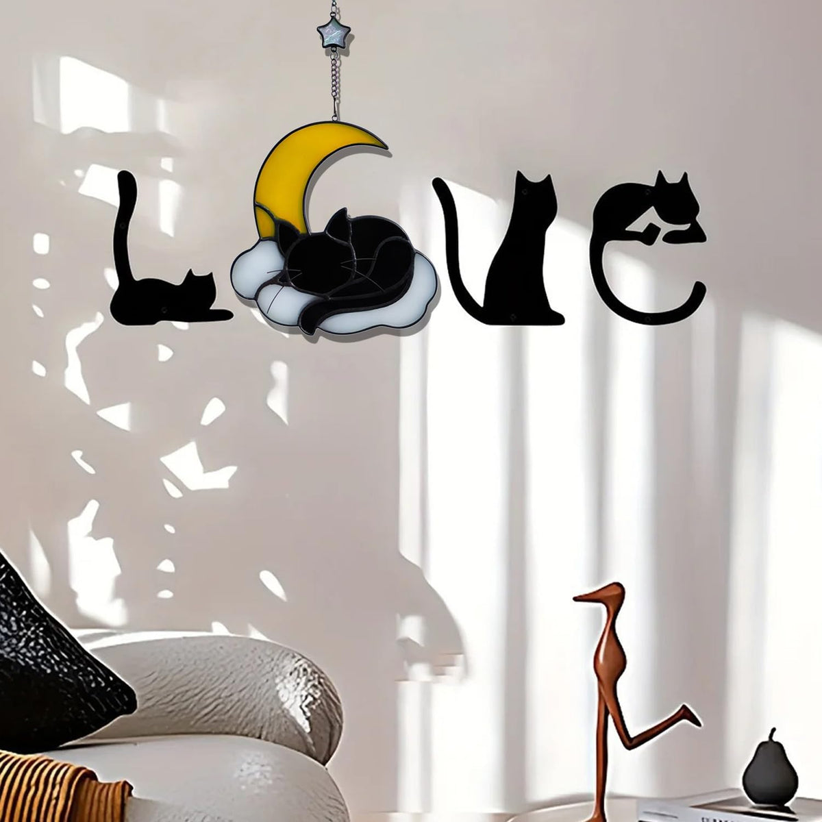 Sleeping Cat Stained Glass Windown Hanging,The Black cat Sleeping Under The Companionship of Stars