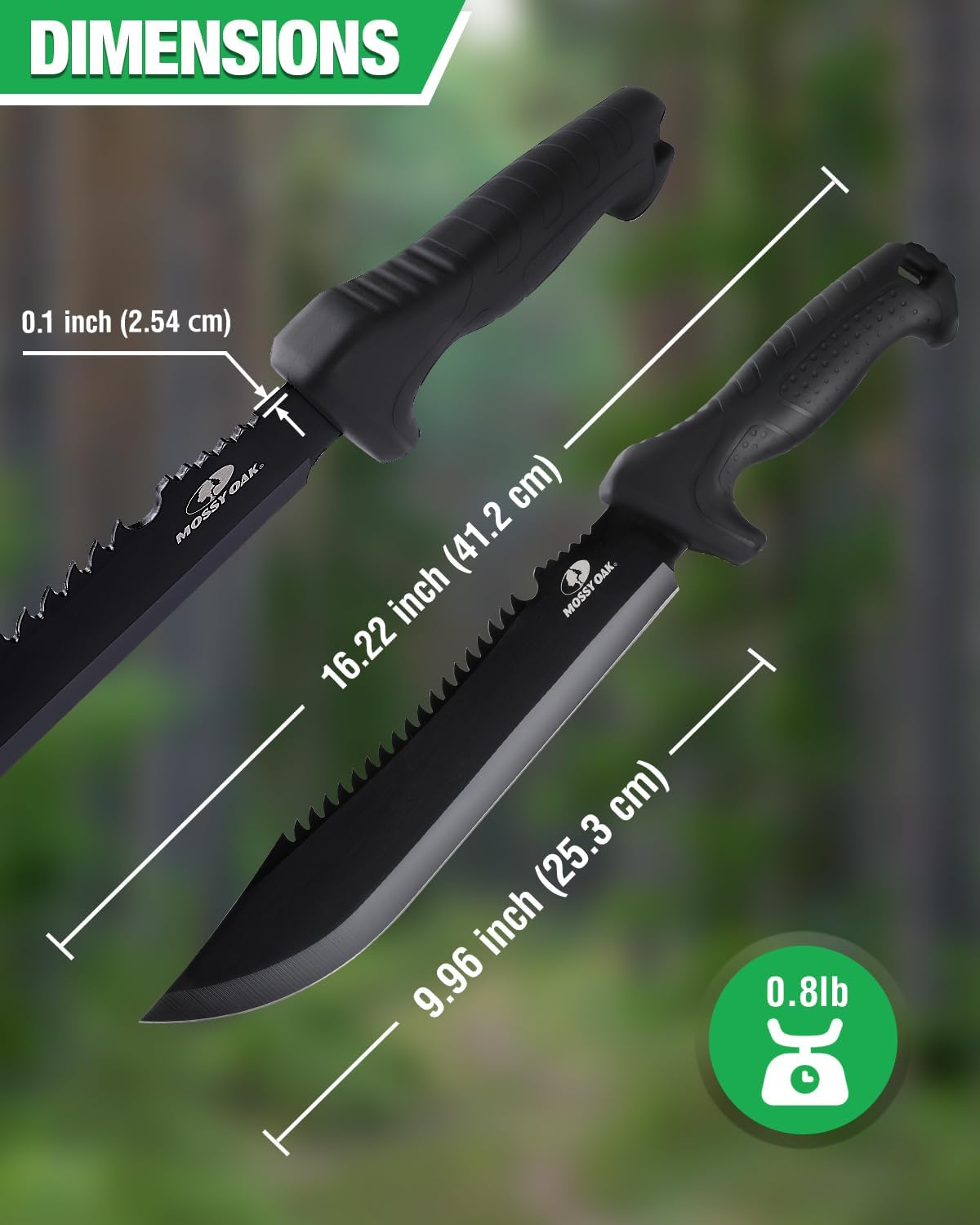 Mossy Oak 16" Heavy Duty Machete with Saw and Sheath, Sharp Dual-Edge Blade, Ergonomic Non-Slip