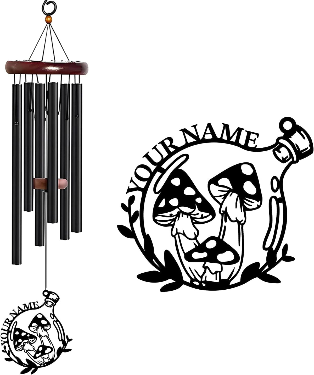 Personalized Customize Name Fantasy Mushroom Wonderland Wind Chime, Metal Iron 37 Inch Outdoor