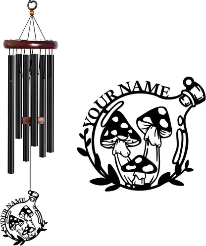 Personalized Customize Name Fantasy Mushroom Wonderland Wind Chime, Metal Iron 37 Inch Outdoor