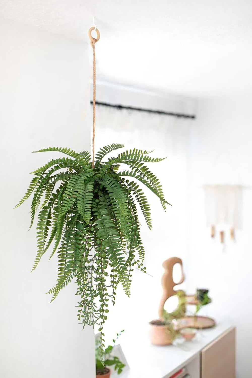 Large Mixed Fern Faux Hanging Plants, Realistic Artificial Plants with Hemp Rope Moss, Indoor for