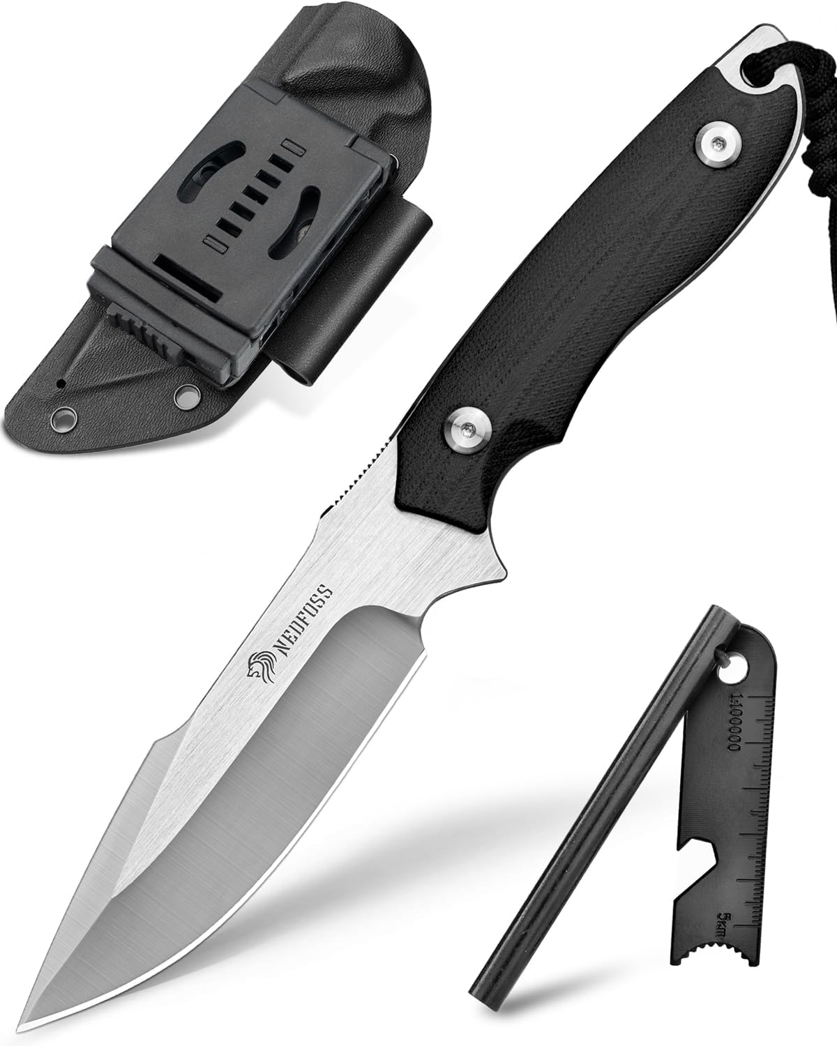 NedFoss Survival Knife with Fire Starter and Kydex Sheath, 9.25" Full Tang Fixed Blade Camping
