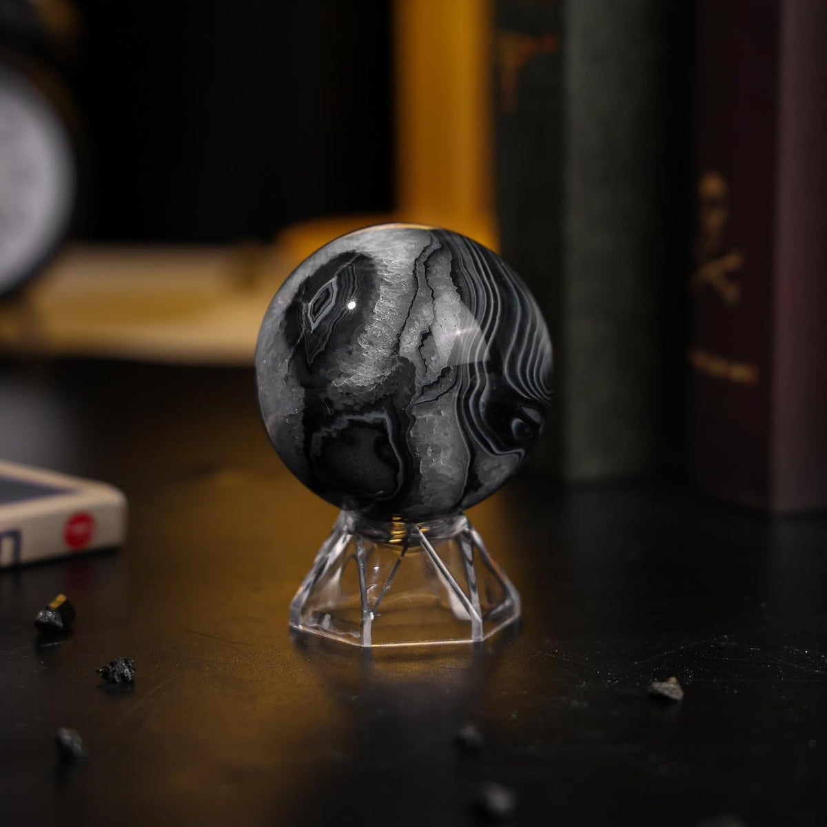 Natural Black Striped Agate Crystal Ball with Acrylic Display Base, 50-60mm Polished Stone Feng