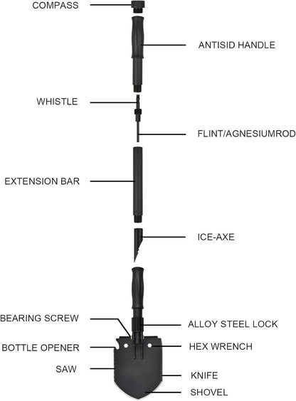 Survival Shovel, (28.3'') Camping Folding Shovel, Military Spade Multitool, Tactical Trench Tool