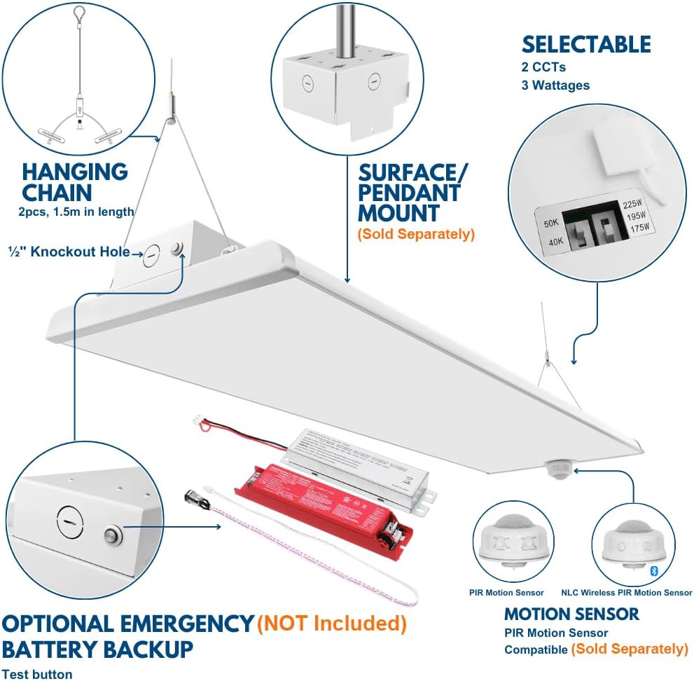 Konlite Pack of 2 ALTA LED High Bay Light - 4FT - 225W/195W/175W - 37,600 Lumens - 5000K/4000K