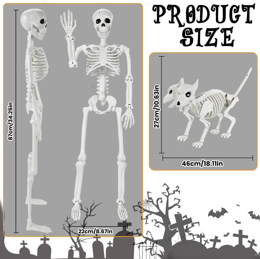 YUJUN 36'' Halloween Skeleton Decoration with 2Head Dog Skeleton, Full Body Posable Skeleton