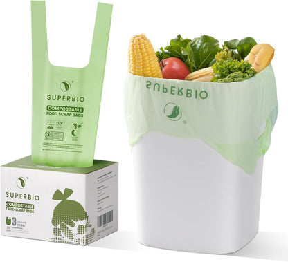 SUPERBIO 3 Gallon Compostable Food Waste Bags, 80 Count, Food Scrap Bags with Handles, ASTM D6400