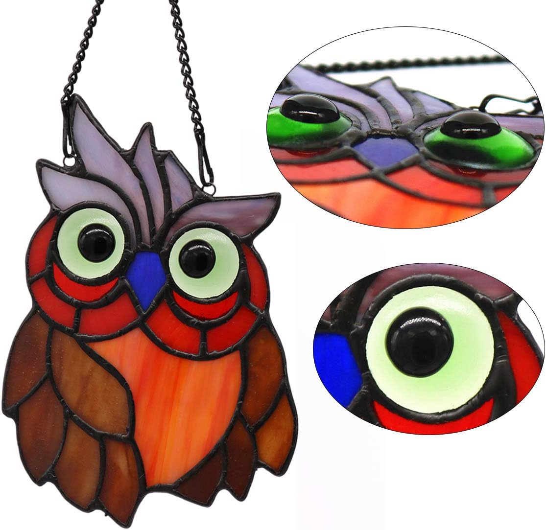 Owl Bird Stained Glass Window Hanging Suncatcher,Bird Decor Wall Art for Living Room Bedroom